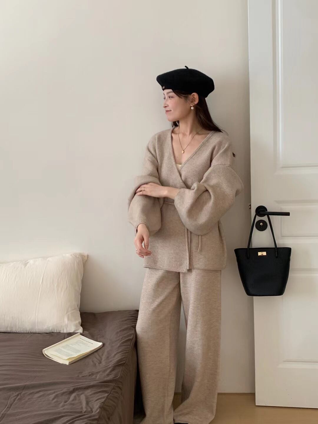 【set】カシュクールニットトップス×ワイドパンツセット　N2765