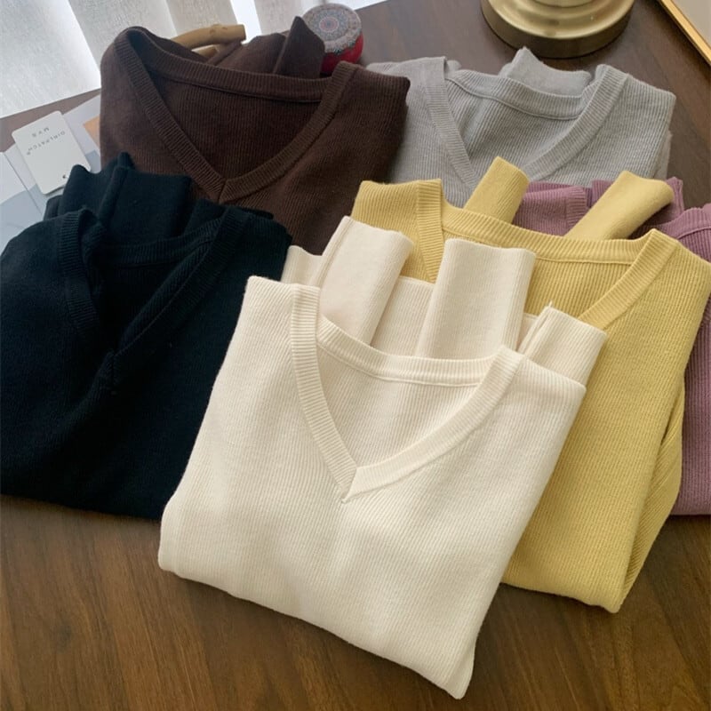 【tops】Vネックニット長袖Tシャツ　M29415