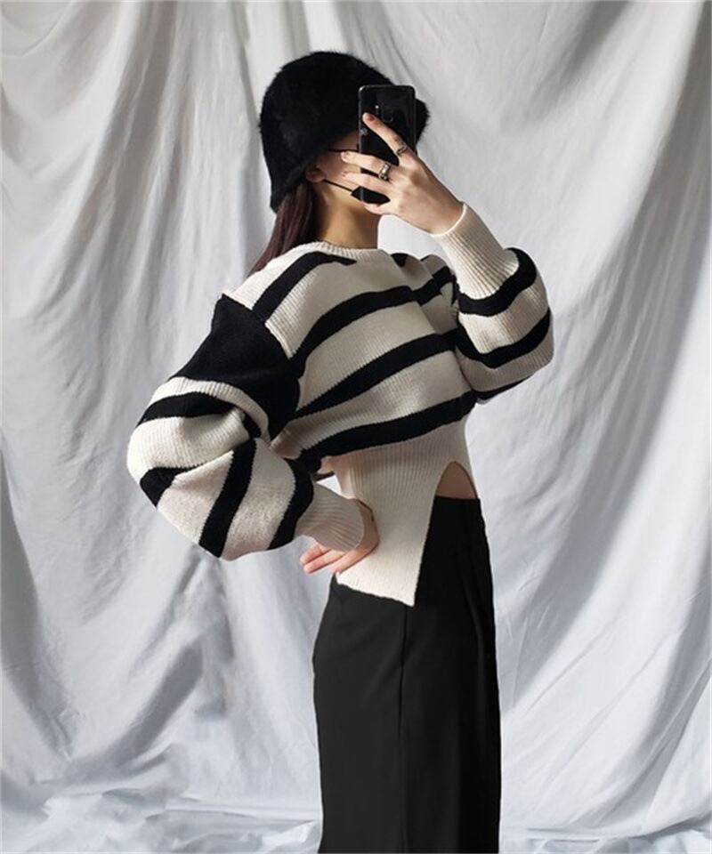 【tops】ボーダー柄ニットセーター　M18448
