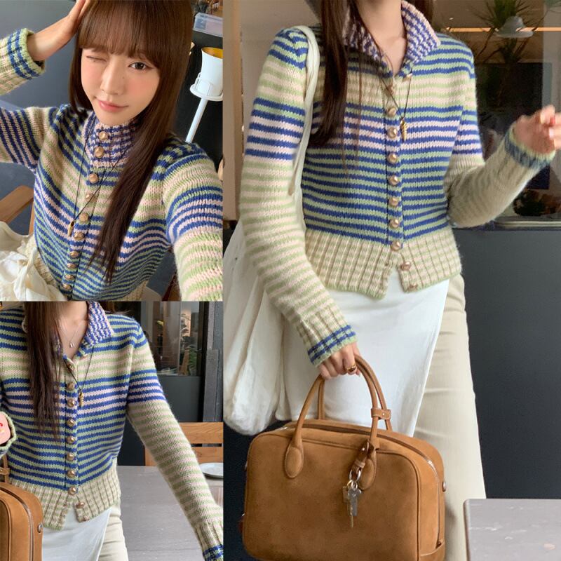 【outer】ボーダー柄ニットカーデ　M27351