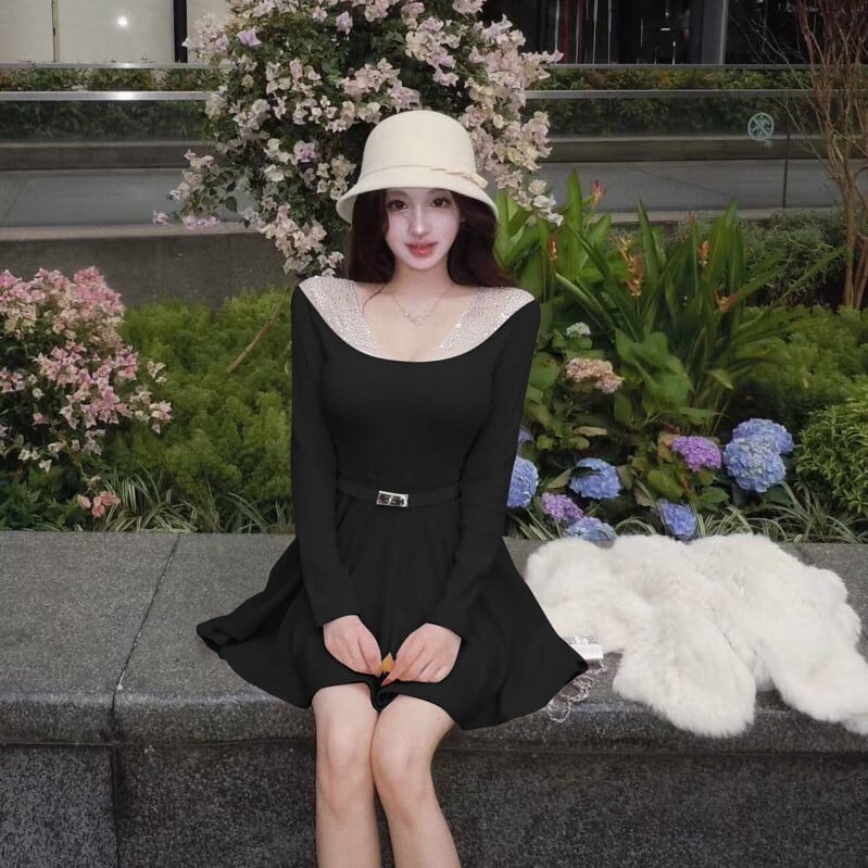 【dress】ラインストーンチュールニットミニワンピース　N3508