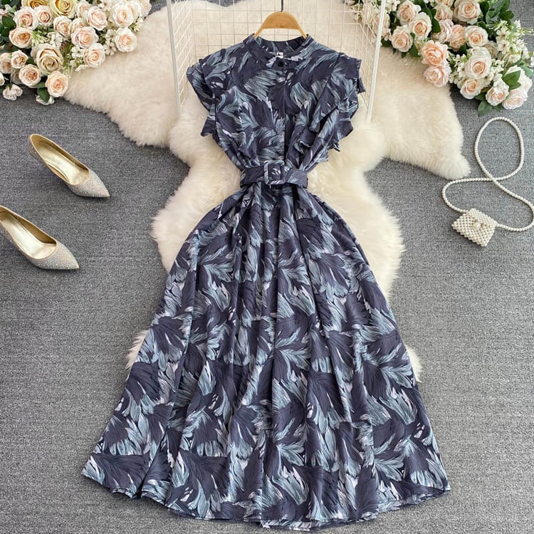 【dress】オシャレ度満点〜夏新作海旅行4色バンドカラー花柄配色シフォンワンピースF5110