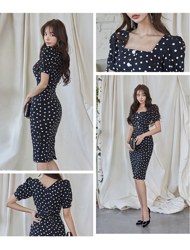 【dress】エレガント気質満点ハイウエストパフスリーブドット柄 体型カバーワンピース G0411
