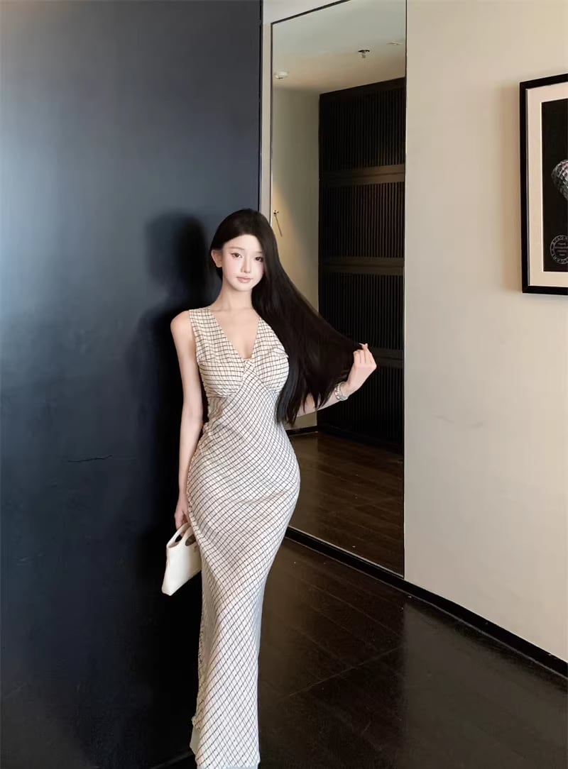 【dress】チェック柄ノースリーブロングワンピース Q8219