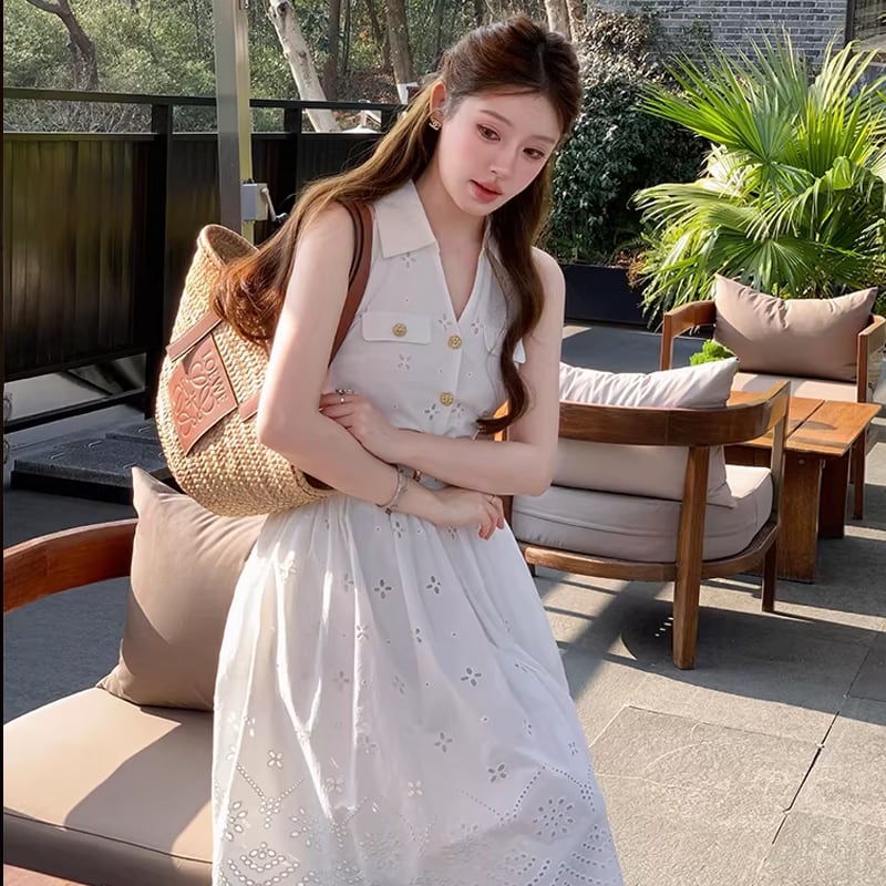 【dress】アイレットレースロングベストワンピース Q8457