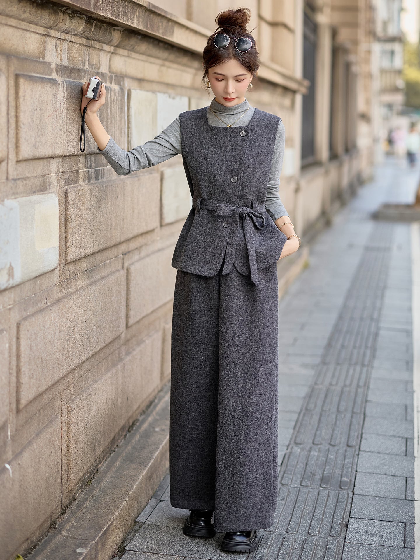 【set】ベスト×ハイネックトップス×ワイドパンツ3点セット Q6976