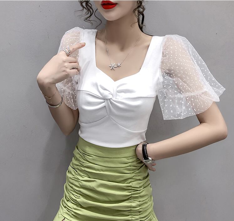 【tops】韓国風INS風スクエアネックメッシュ半袖着やせ無地TシャツF2235