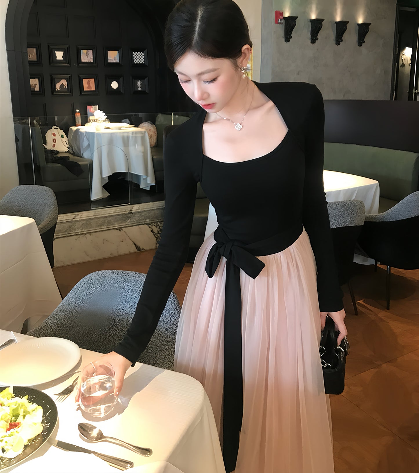 【dress】チュールドッキングロングワンピース　N3439