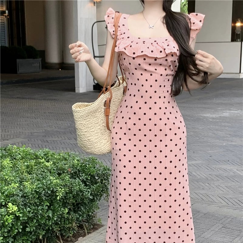 【dress】ギャザーフリルドット柄ロングワンピース Q8509