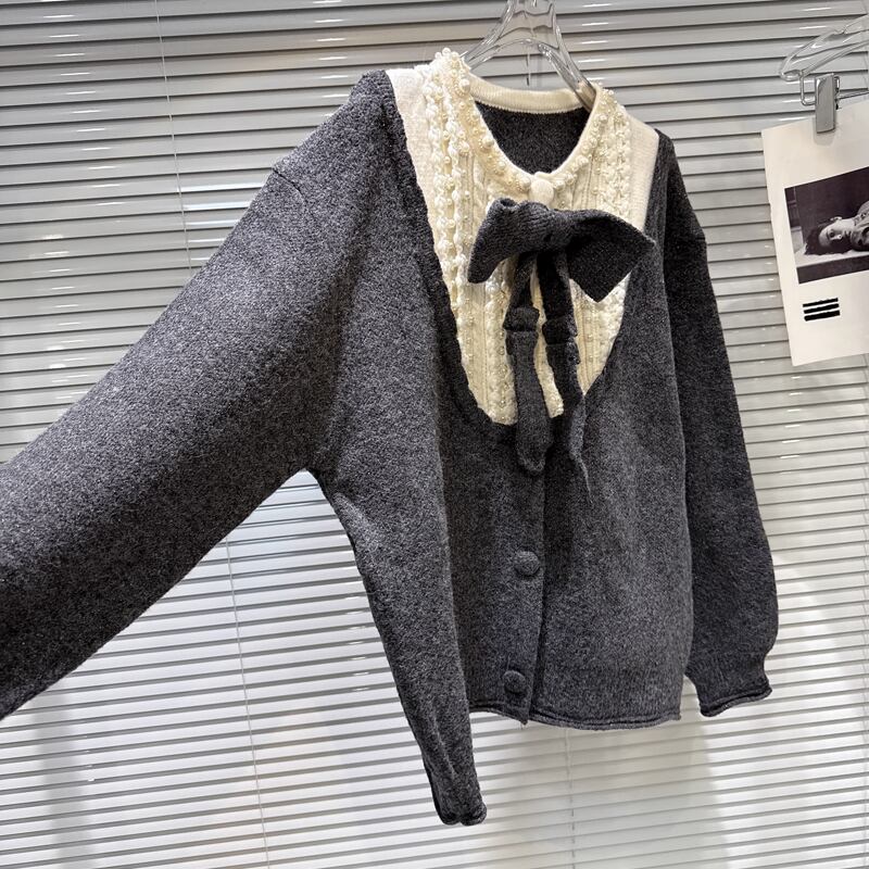 【outer】リボン付きフェイクレイヤードニットカーディガン Q7444