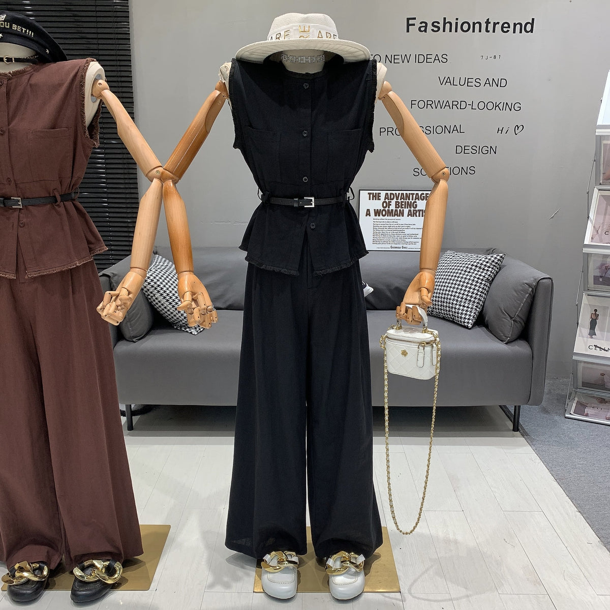 【set】ノースリーブトップス+ワイドパンツセットベルト付き　M24993