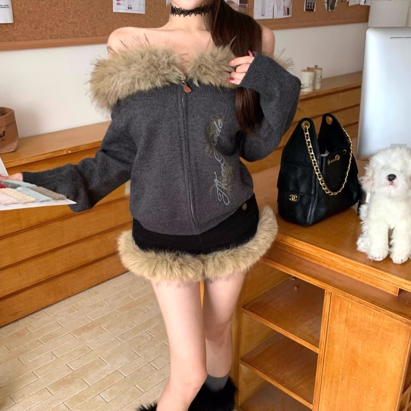 【set】ファーオフショルダートップス×ファーショートパンツセット Q7130