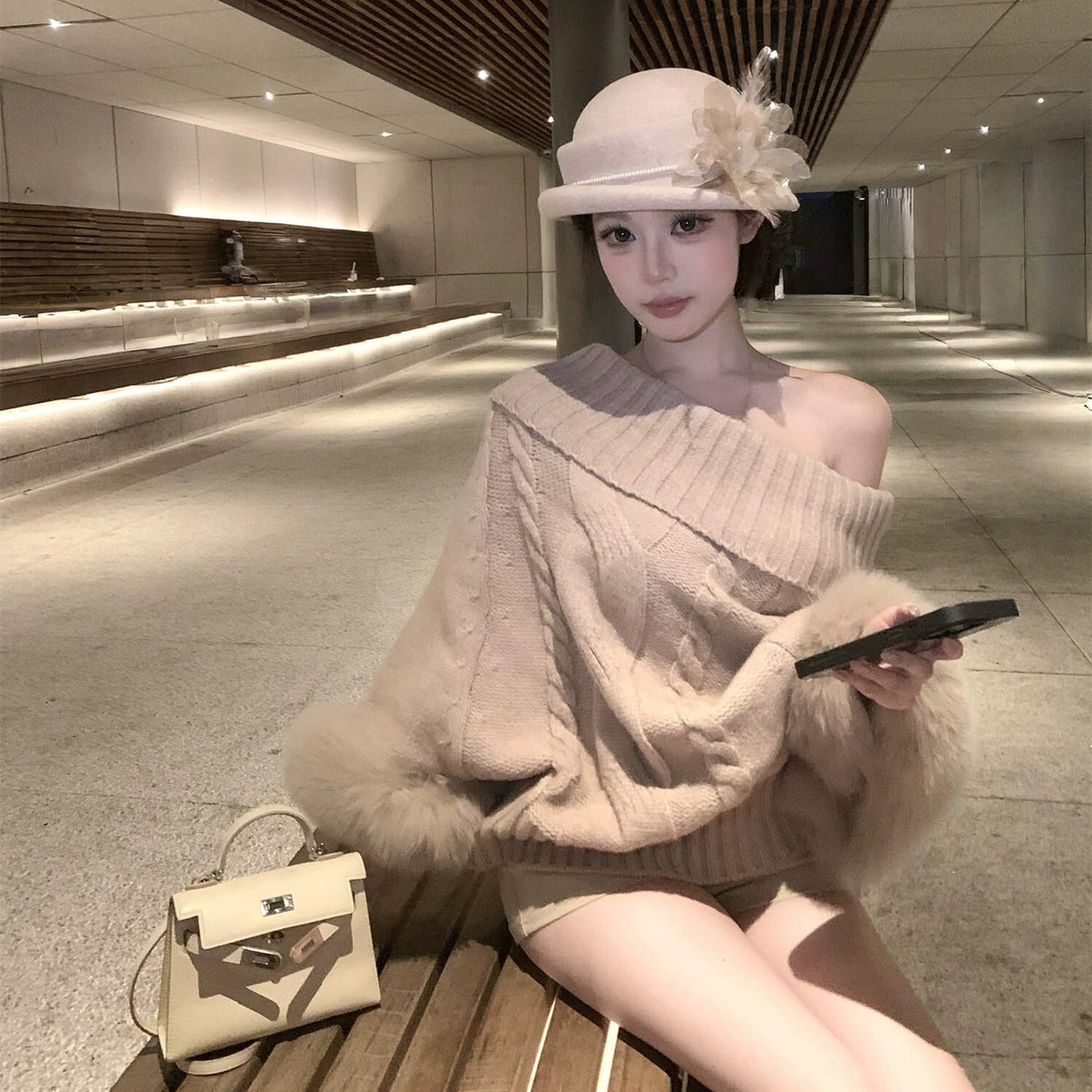 【tops】2WAY袖ファーオフショルニットトップス　N3378