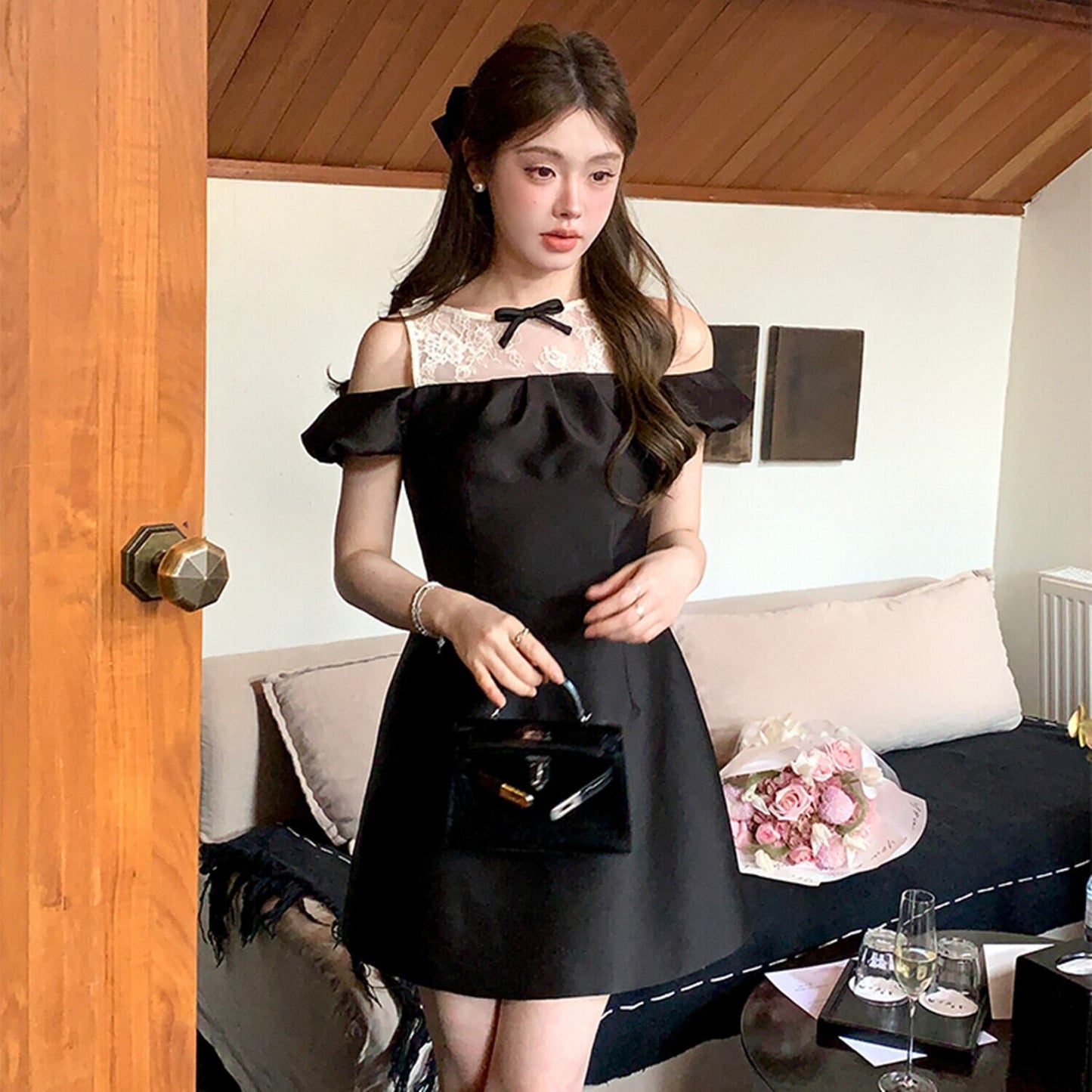 【dress】レースドッキングオフショルダーミニワンピース　N3003