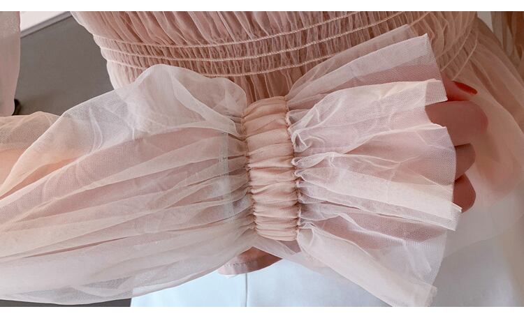 【tops】女性力を高める〜オフネック長袖体型カバーメッシュフ無地着回しブラウスF0570