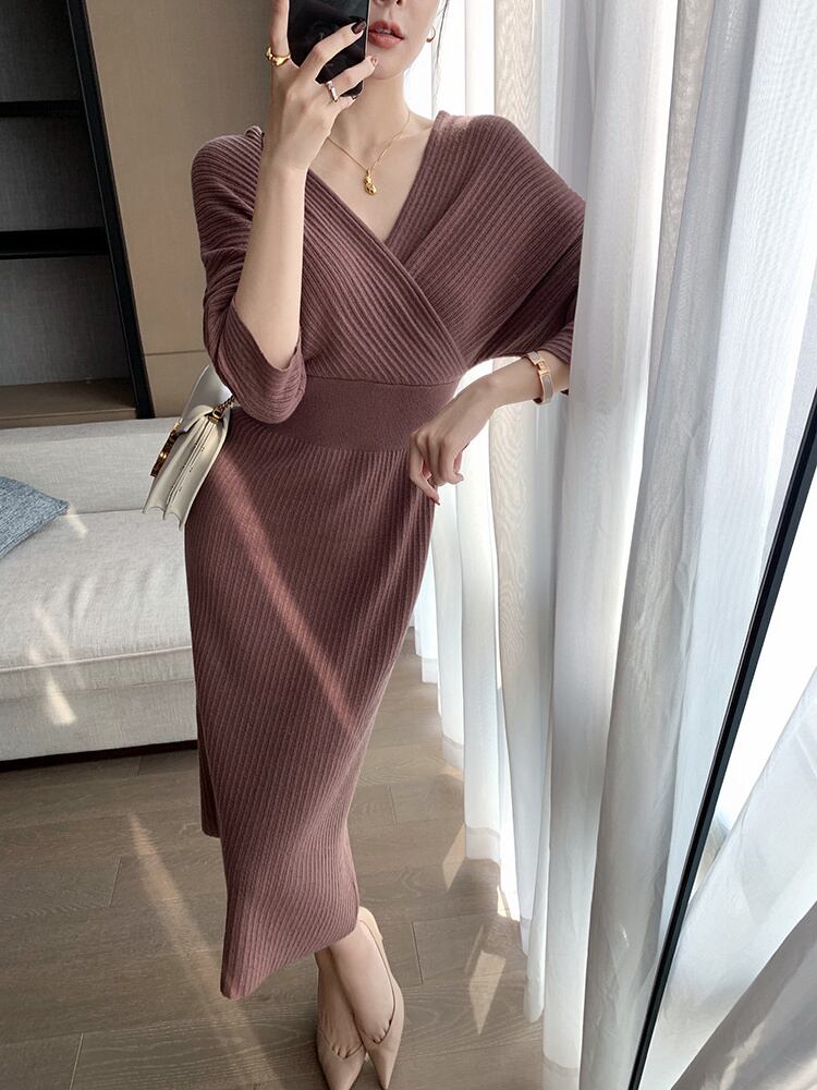 【dress】好感度UP韓国ファッション秋冬新作Vネック長袖無地体型カバーニットワンピースF1158