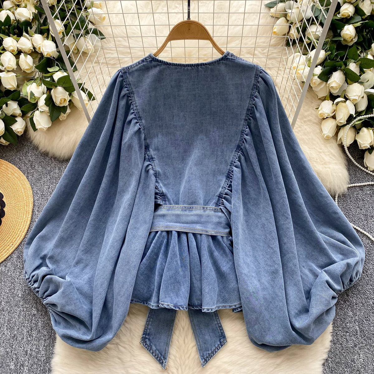 【tops】ランタンスリーブデニムシャツ　M29723