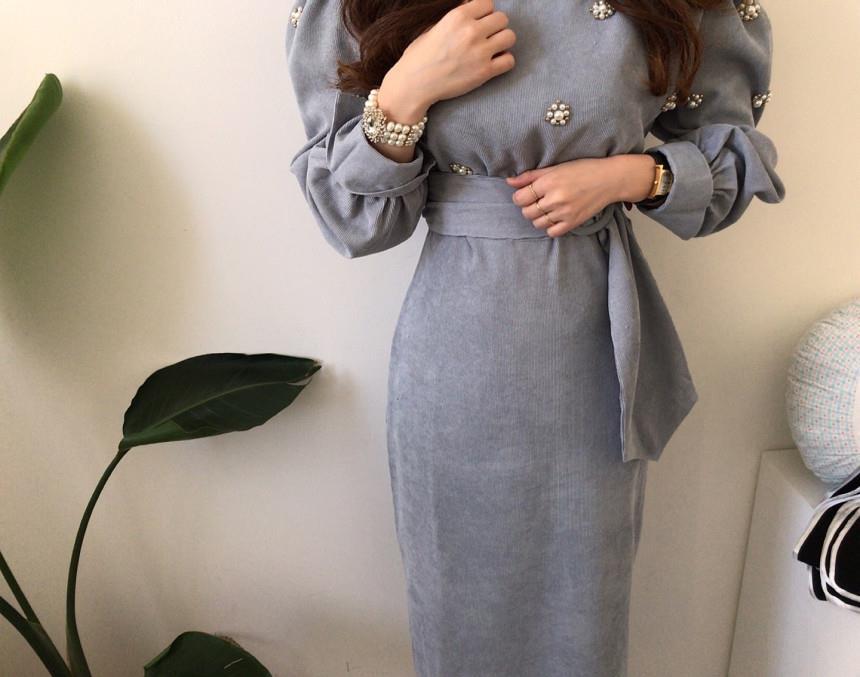 【dress】 韓国系気質満点レトロスウィートパフスリーブ着痩せコールテンワンピース G1775