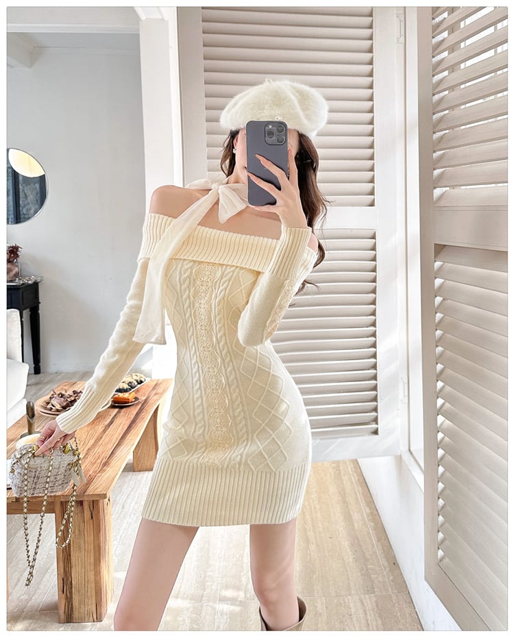 【dress】リボンオフショルニットワンピース　N2855