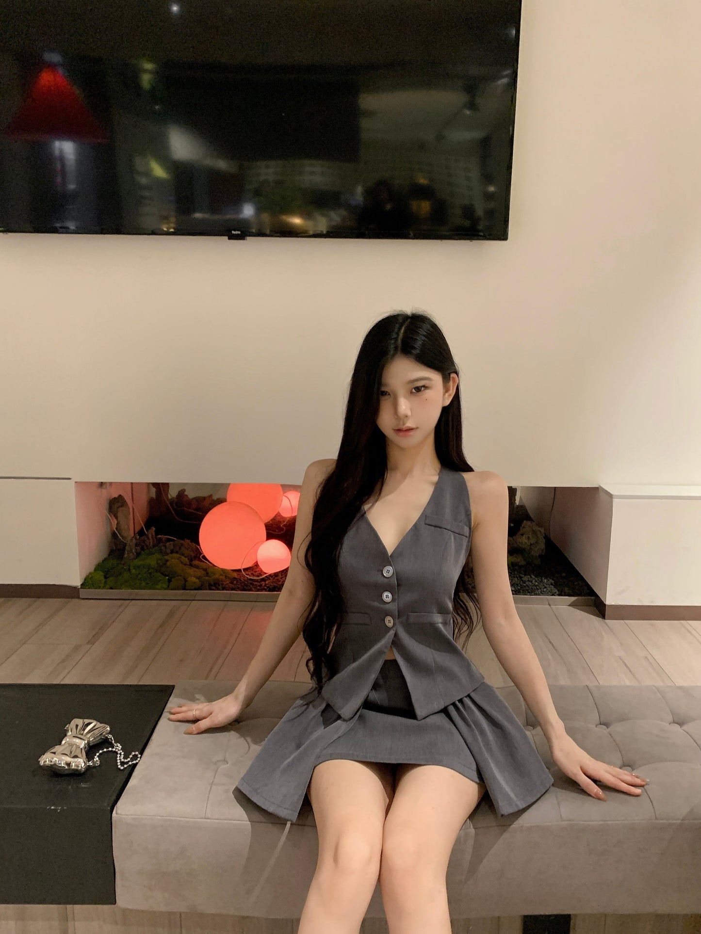 【set】リボンホルターネックチョッキ+スカート２点セットG21404