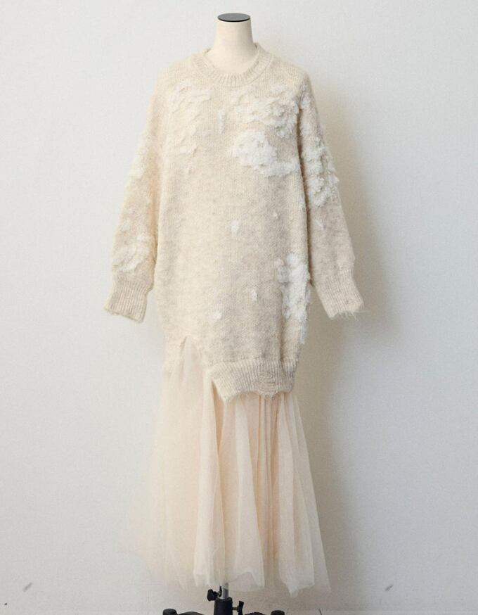 【dress】チュールドッキングロングニットワンピース Q7839