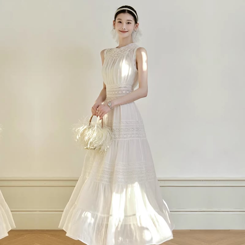 【dress】レースドッキングロングワンピース Q8386