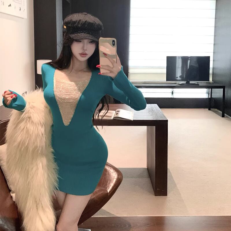 【dress】チェンドッキングニットワンピース Q8138