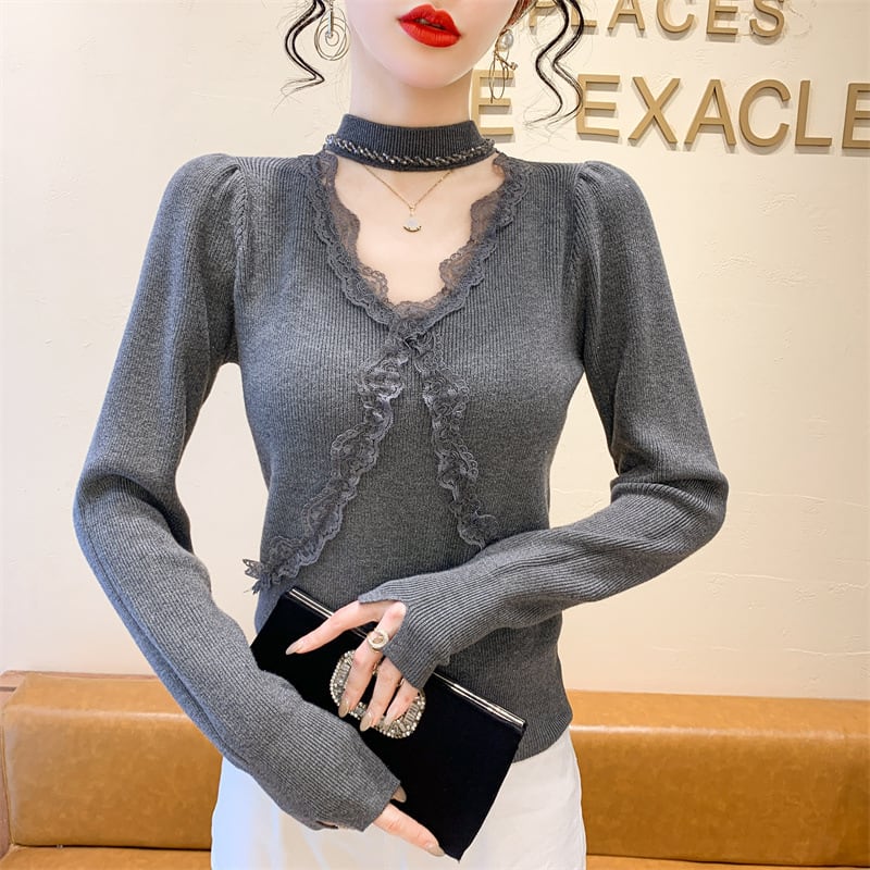 【tops】ビジューレース切り替えニットトップス　M27732