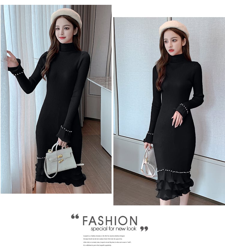 【dress】エレガント!気質満点レトロ体型カバー秋冬新作フリルニットワンピース G3729