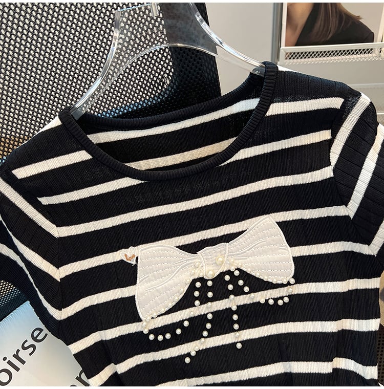 【tops】ビーズリボンニットTシャツG21546