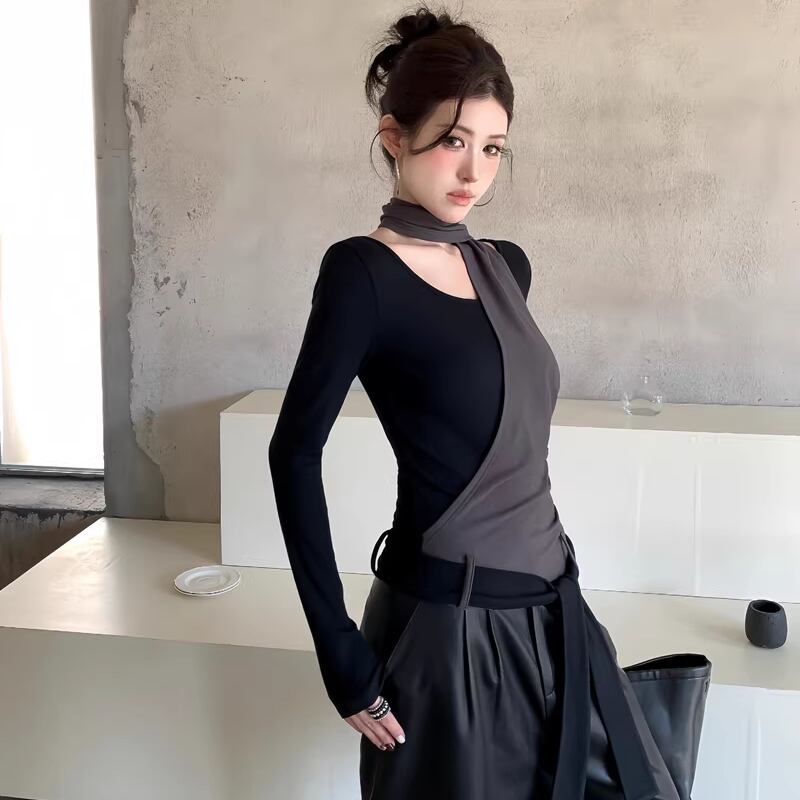 【tops】スカーフデザインフェイクレイヤードトップス Q8137