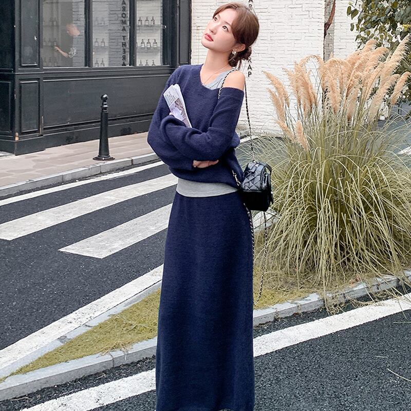 【set】キャミ×ニットトップス×ロングスカート3点セット Q6974