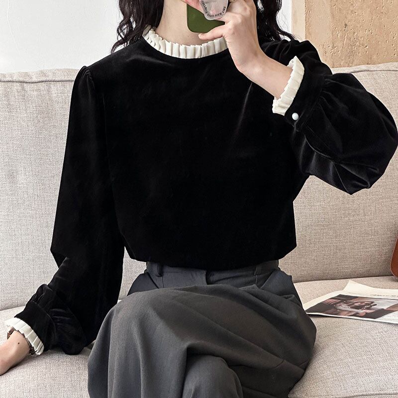 【tops】フェイクレイヤードベルベットトップス Q6964