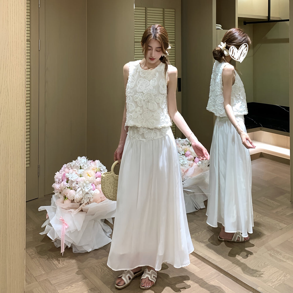 【set】立体感フラワートップス×ロングスカートセット     N3577