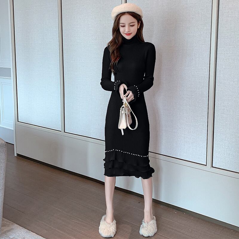 【dress】エレガント!気質満点レトロ体型カバー秋冬新作フリルニットワンピース G3729