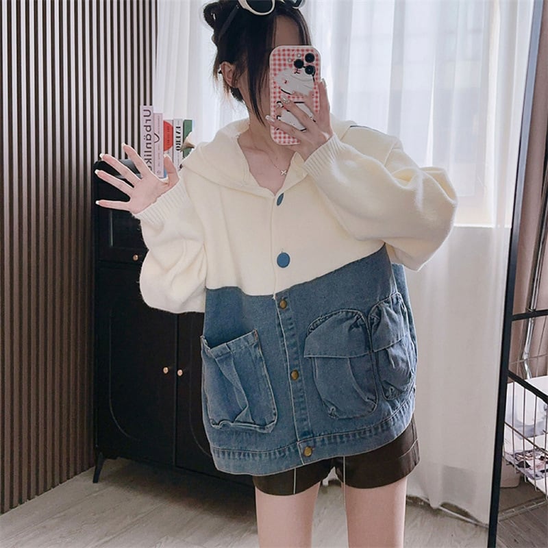【outer】デニム切り替えニットカーデ　M25789