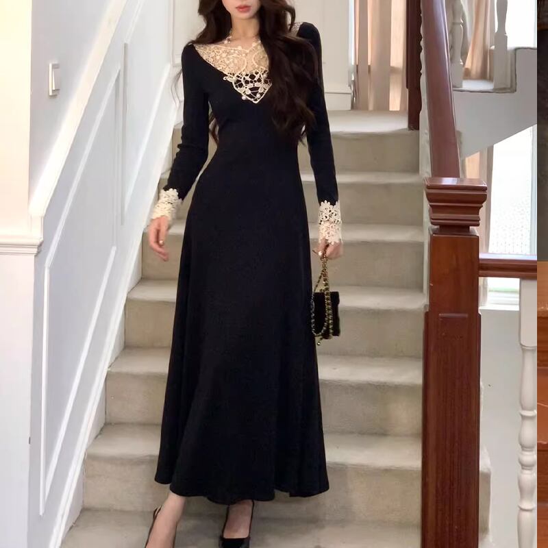 【dress】レースドッキングニットワンピース Q6862