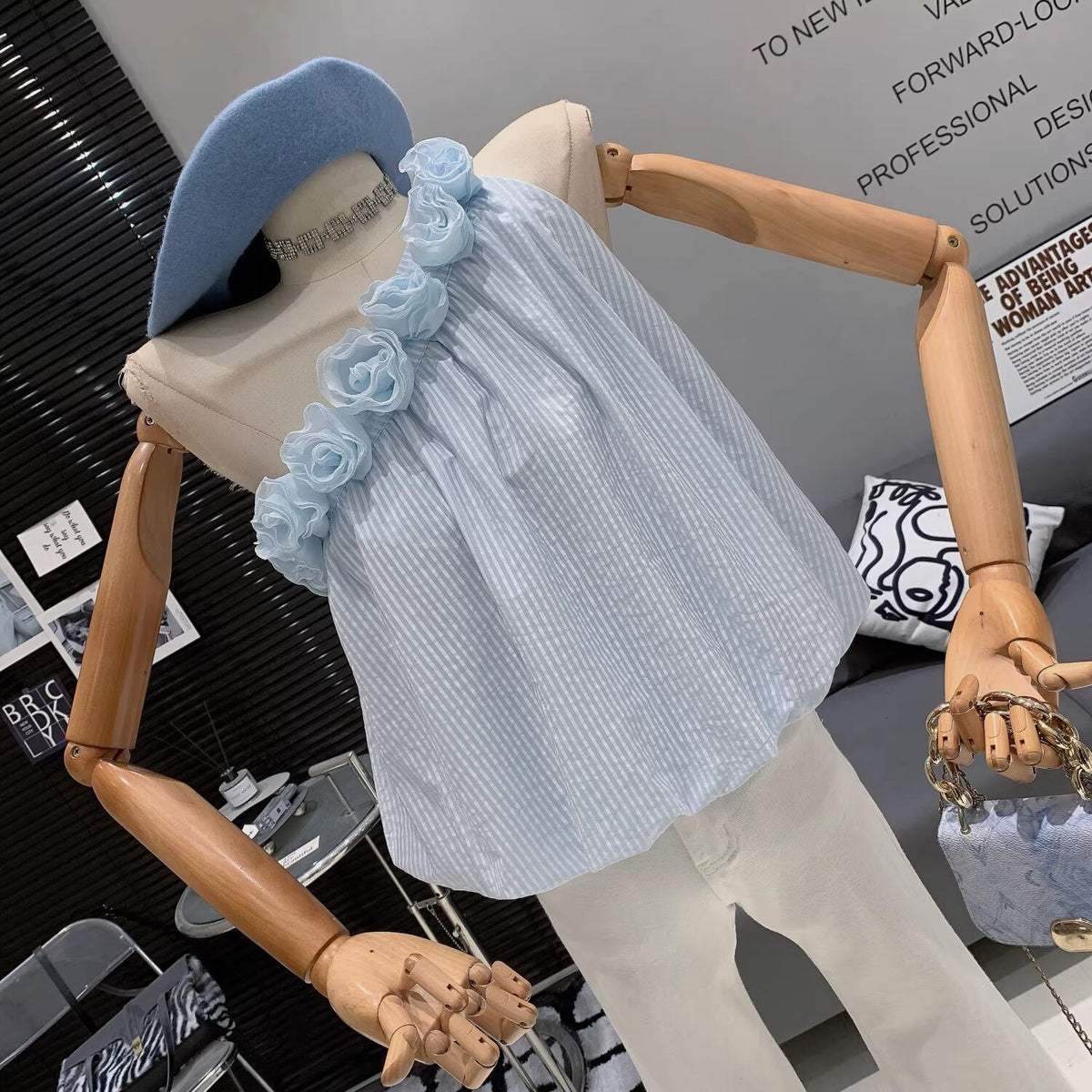 【tops】ストライプ柄ワンショルダー立体感フラワートップス Q8389