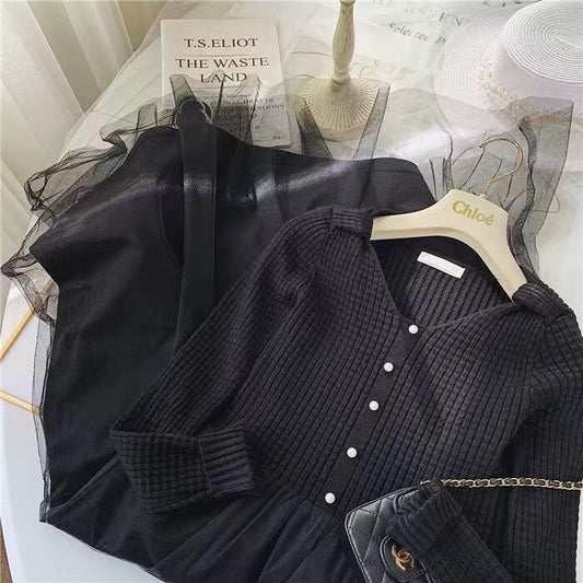 【dress】高級感溢れるVネック長袖レースメッシュ切り替えファッション無地おしゃれワンピースF1326