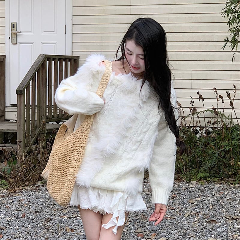 【tops】ファーオフショルダーニットセーター　M29444