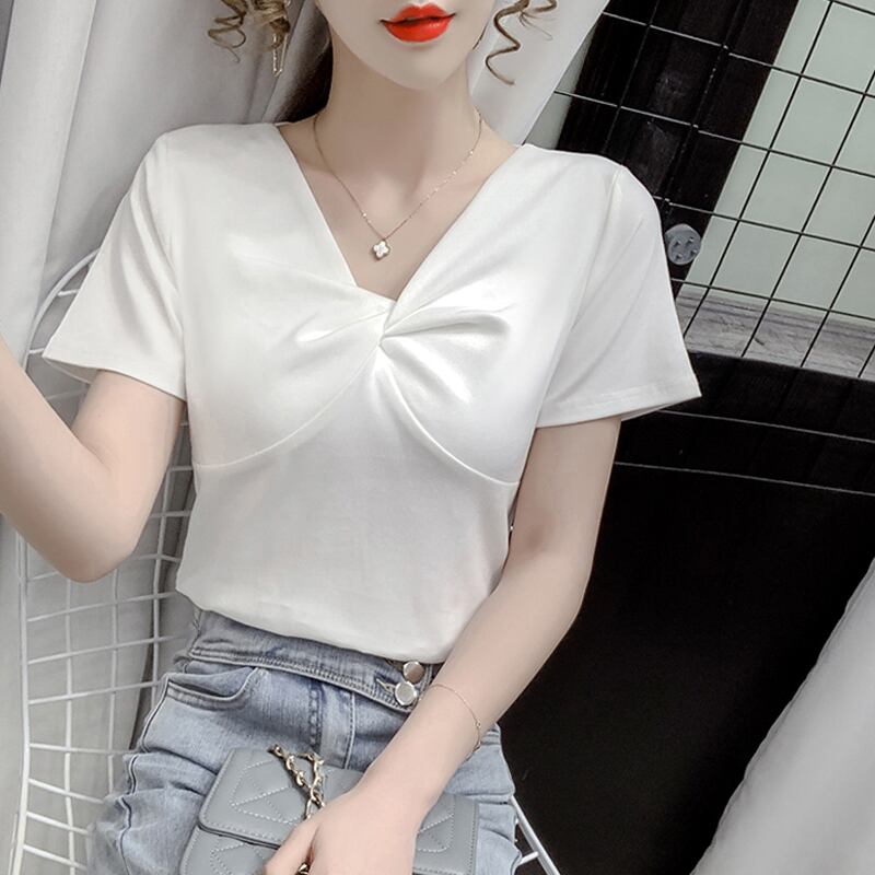 【tops】2色Vネック半袖ファッション無地着回しブラウスF0154