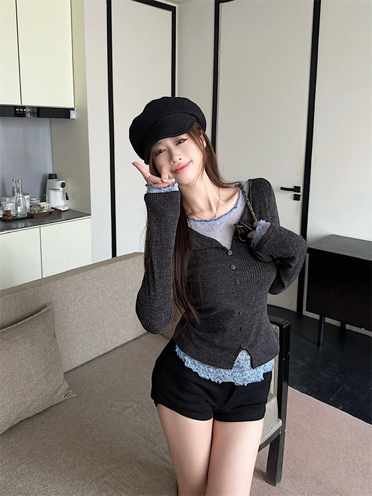 【【tops】レースドッキングニットトップス　M28831