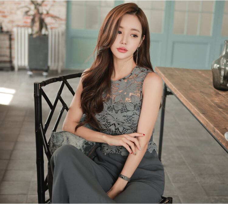 【set】美人度アップ!レース洋気切り替えノースリーブハイウエストオールインワン G0426