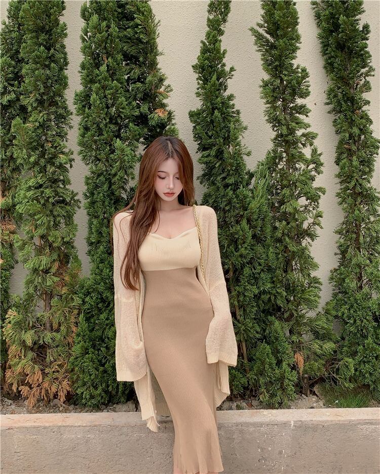 【set】好感度UP!気質満点セクシーカーディガン+キャミワンピースオシャレ２点セット G3383