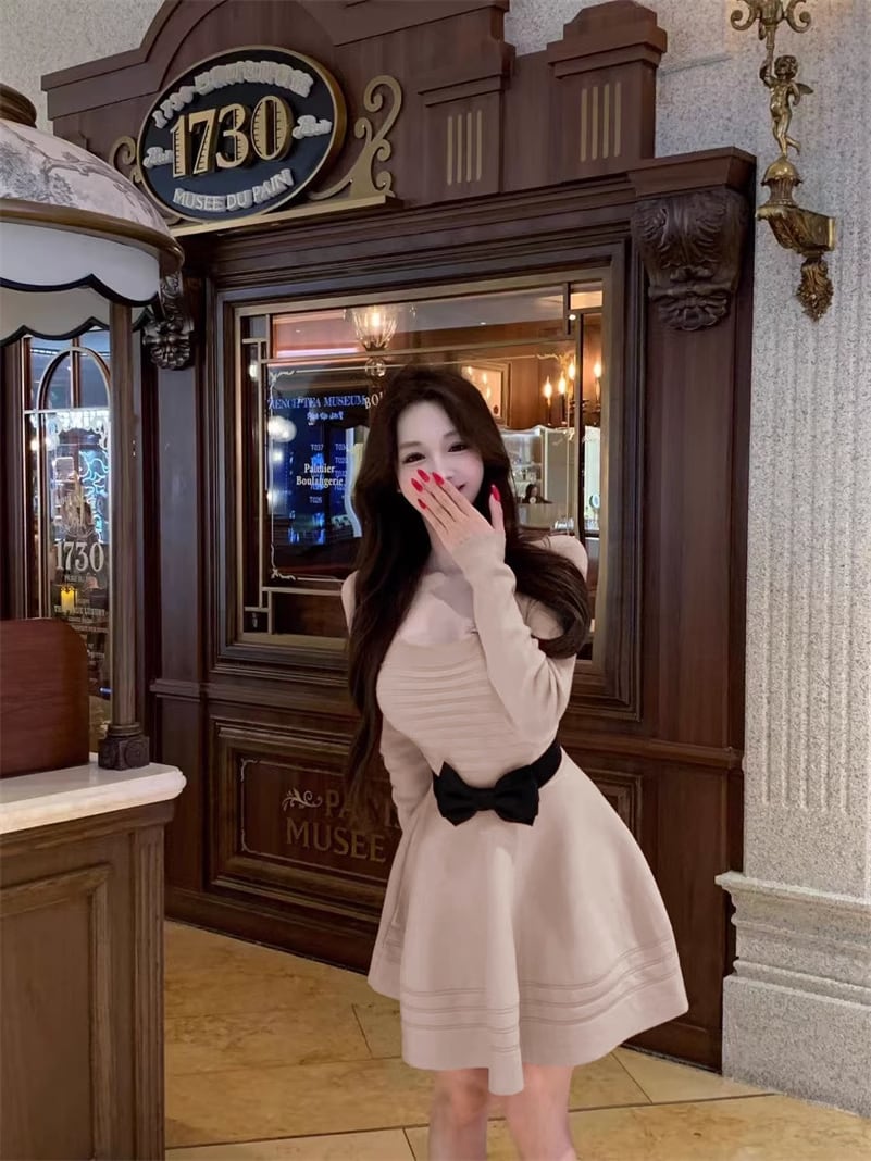 【dress】リボンベルト付きニットワンピース Q7343