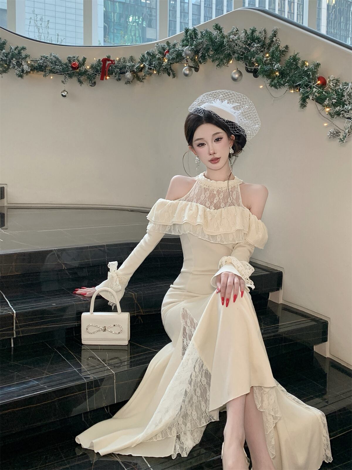 【dress】オフショルレースドッキングワンピース Q7878