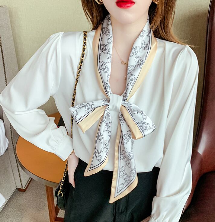 【tops】タイカラー長袖プリント配色ファッションゆったり着回しブラウスF0601