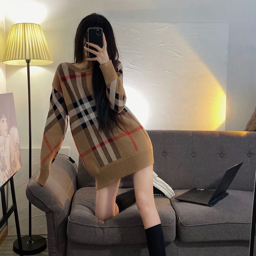 【tops】チェック柄長袖ニットセーターF8145