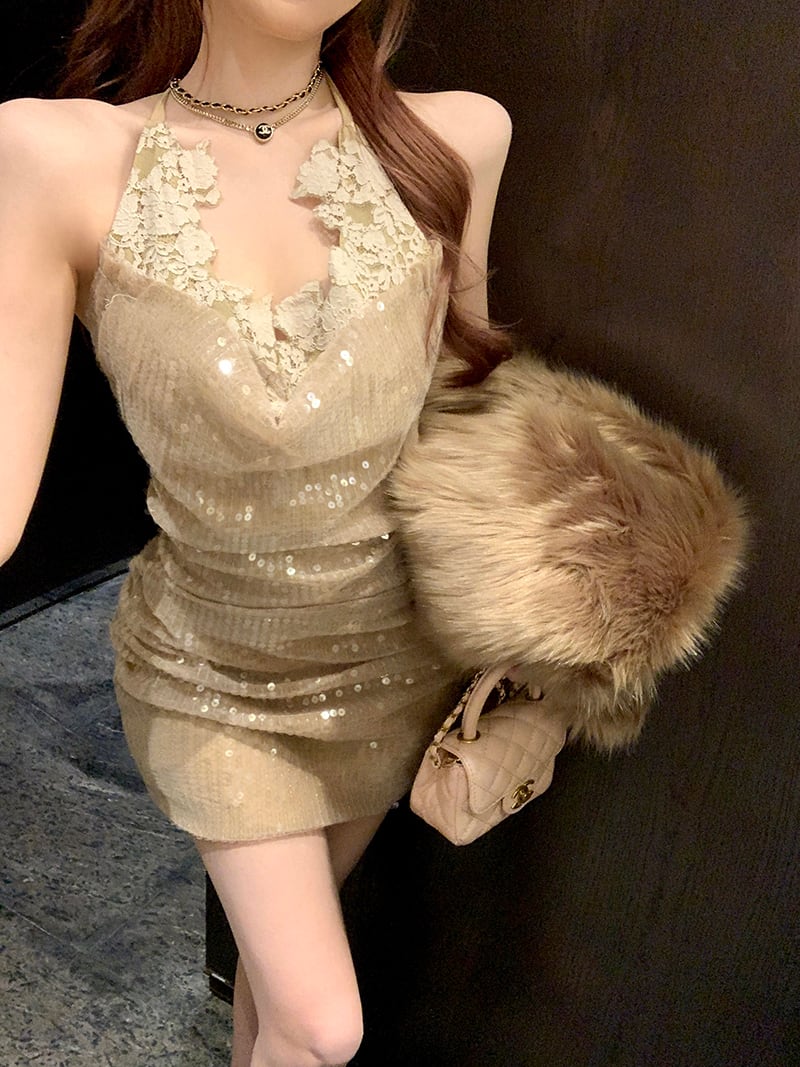 【dress】スパンコールホルターネックワンピース　M30063