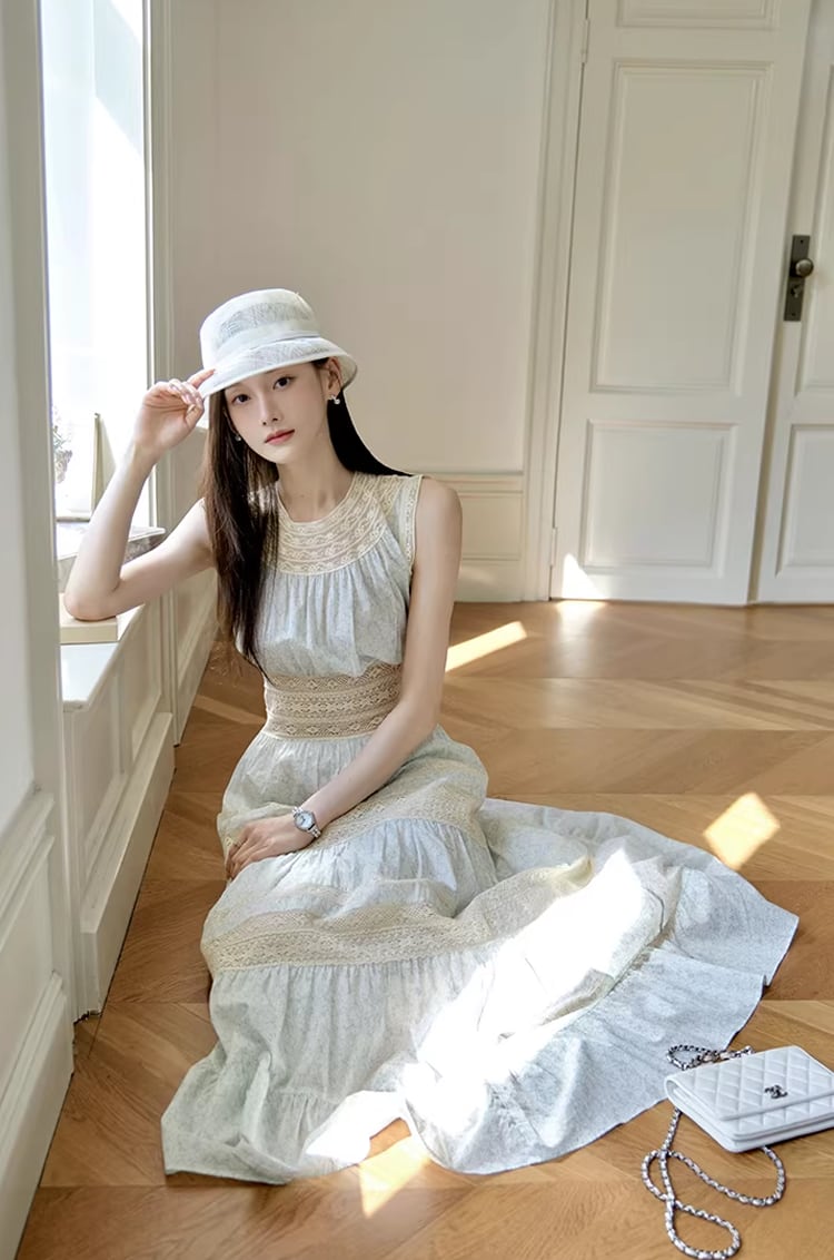 【dress】レースドッキングロングワンピース Q8386